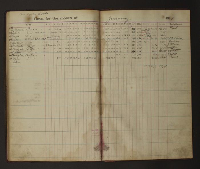 [Pages from Mayo Lumber Company monthly payroll book, 1915-1917]