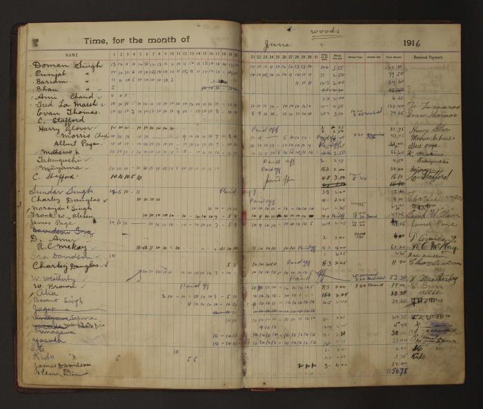 [Pages from Mayo Lumber Company monthly payroll book, 1915-1917]