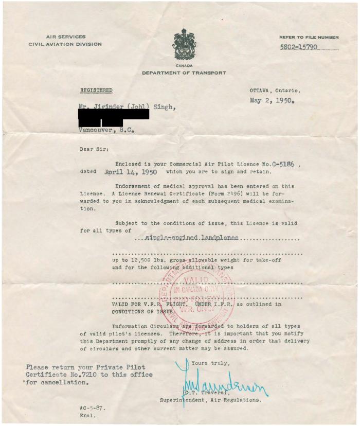 [Letter of registration for Jiginder Singh Johl's commercial air pilot license]