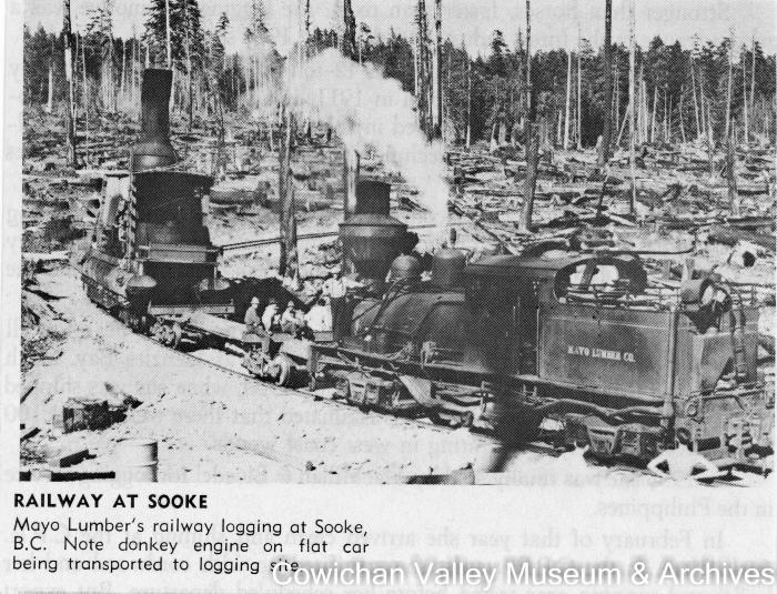 Mayo Lumber Co. locomotive transporting a donkey engine